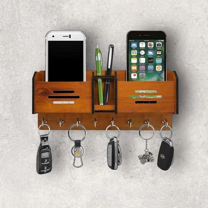 جاکلیدی دیواری MDF با 8 قلاب استیل شلف و جای موبایل